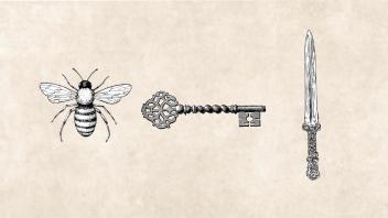 parchment paper with a hand-drawn bee, vintage key and sword at its centre